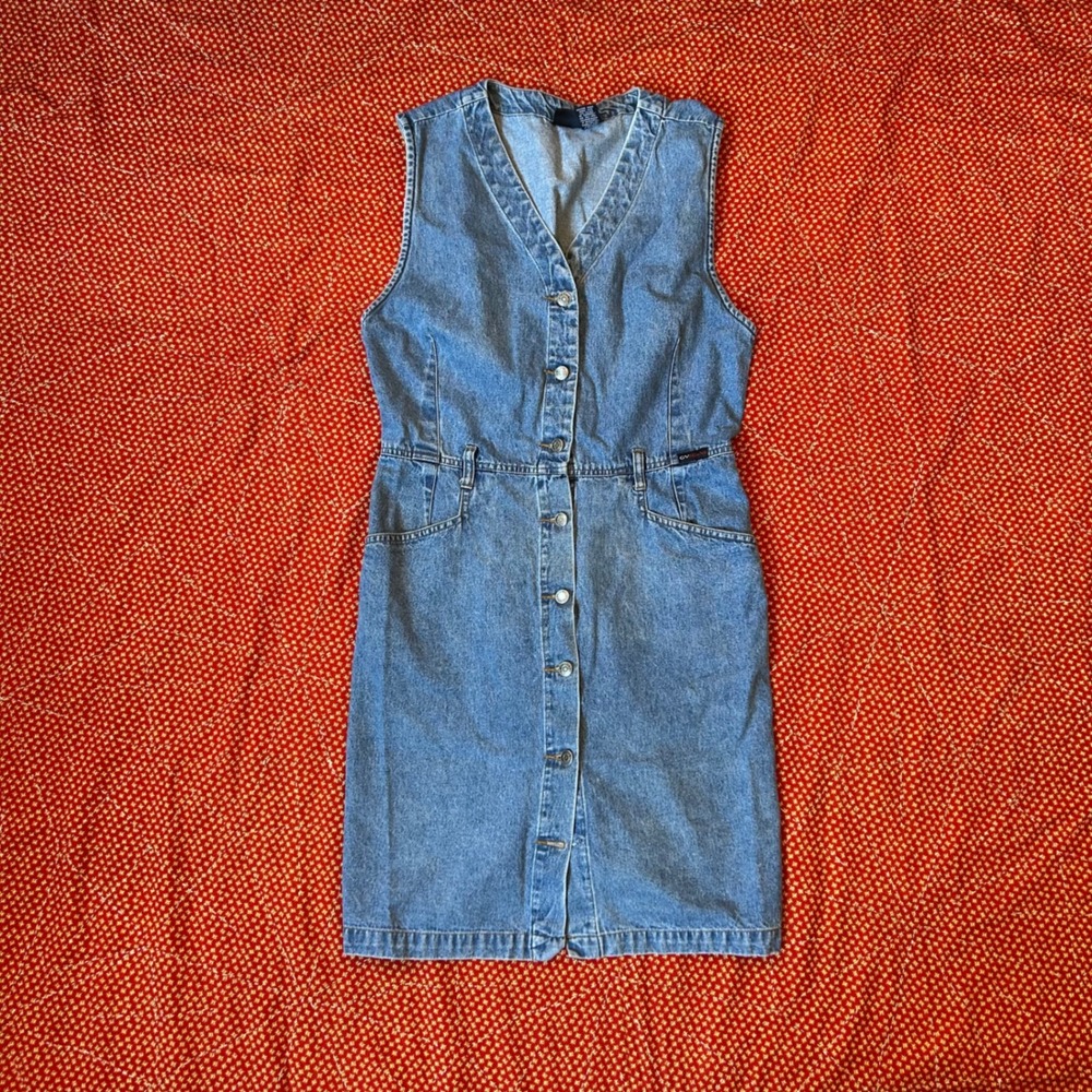 Vintage 90s Denim Vest Dress Blue Cotton Button Front Medium